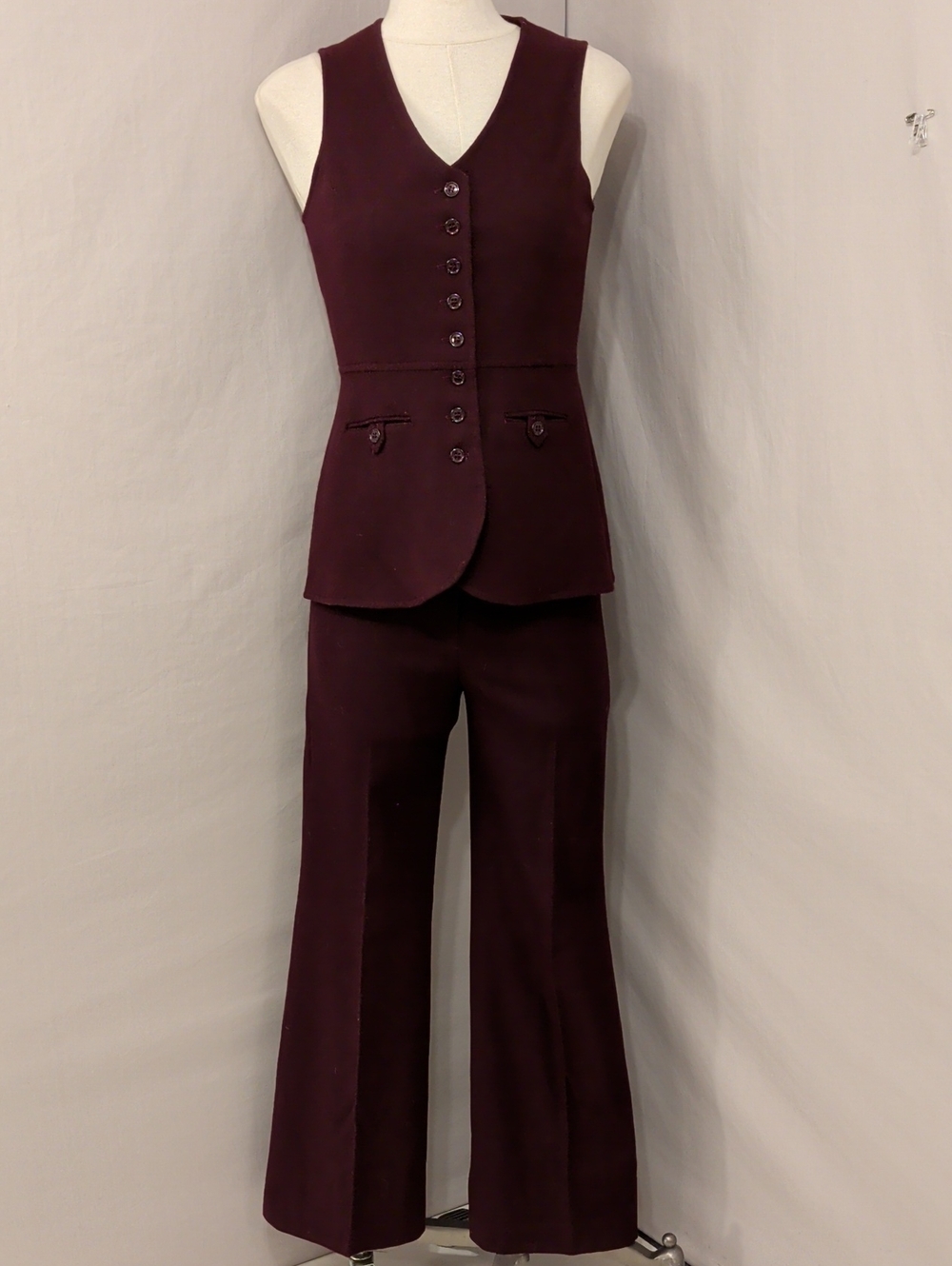 Vintage Bobbie Brooks Set Long Button-Front Vest Bell Bottom Pants Plum Cabernet
